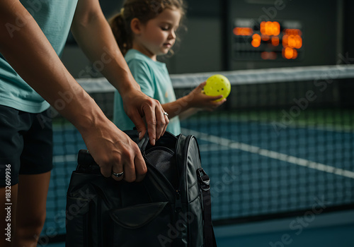 Father and Daughter Playing Pickleball Putting Equipment in Bag Indoor Court
