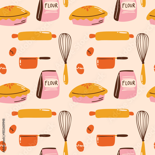 Baking time vector seamless pattern design with cute cartoon retro colorful illustration of different kitchen cooking equipment, tools, whisk, rolling pin, spoon, apron for recipe books, culinary blog