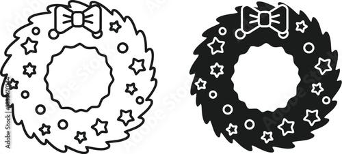 Two christmas wreaths with star details on — Outline, silhouette, and on transparent background. EPS 10.