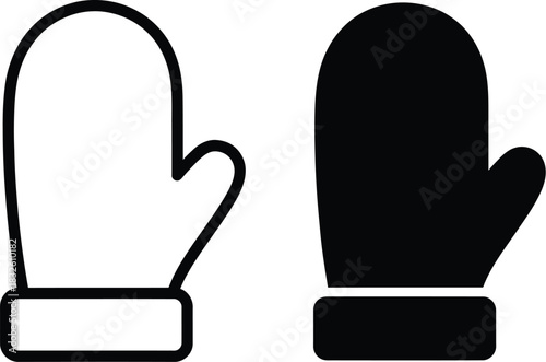Two winter mittens one white and one black on — Outline, silhouette, and on transparent background. EPS 10.