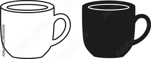 Two coffee cups one white and one black a contrasting on — Outline, silhouette, and on transparent background. EPS 10.