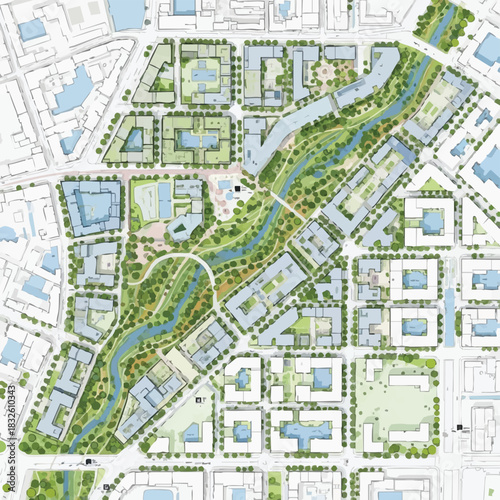 Aerial view of a detailed urban plan showcases a river, parks, and buildings, representing modern city planning and sustainable design.