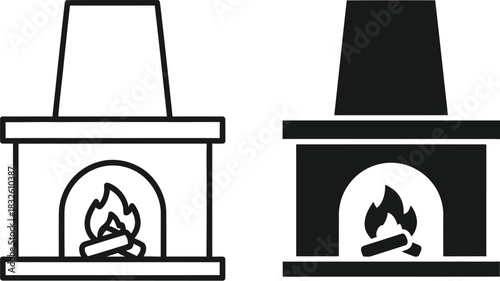 Minimalist fireplace design with burning logs two styles on — Outline, silhouette, and on transparent background. EPS 10.