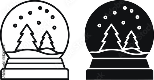 Two snow globe line art icons one filled on — Outline, silhouette, and on transparent background. EPS 10.