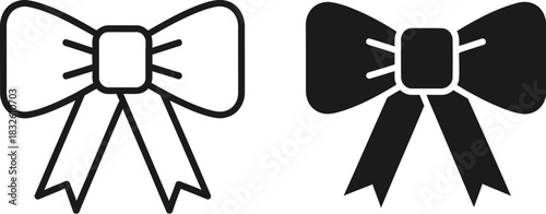 Two black bow illustrations in differing styles on — Outline, silhouette, and on transparent background. EPS 10.