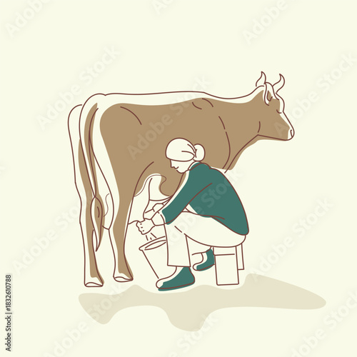 female farmer milking a cow retro vector illustration. female farmer milking a cow vintage vector graphic design