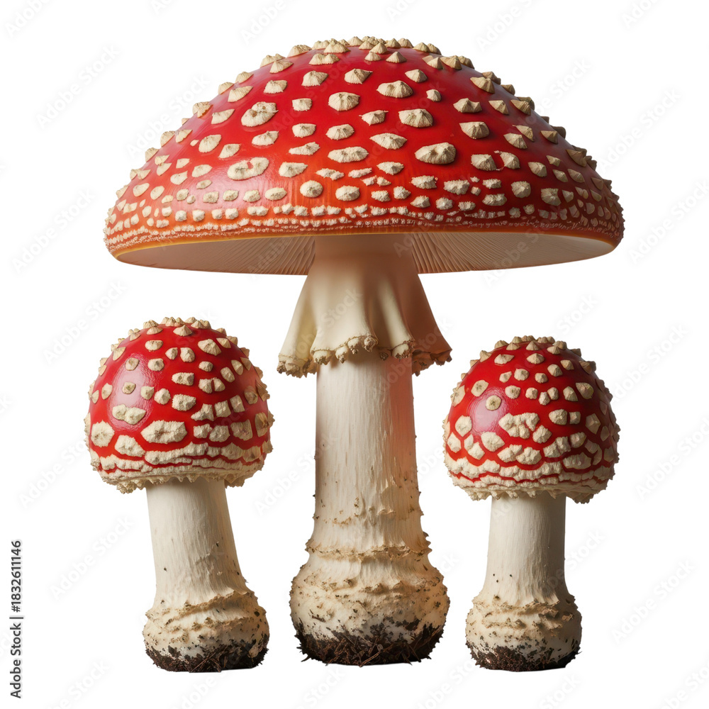 Obraz premium Three amanita muscaria mushrooms with red cap and white spot isolated on transparent background