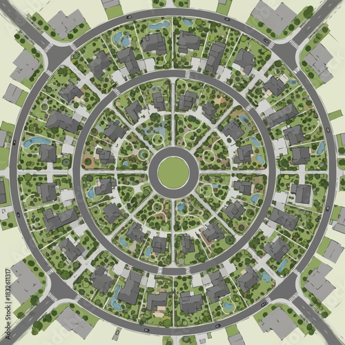 An aerial view showcases a meticulously planned circular residential community featuring houses, roads, and green spaces, illustrating urban planning.