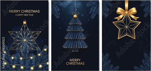 A triptych of sophisticated holiday greeting cards in deep navy blue with shimmering gold accents, showcasing abstract star, folded tree, and festive illumination elements.