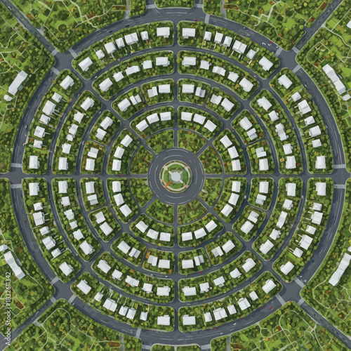 An aerial view showcases a meticulously planned circular residential community, featuring houses, roads, and green spaces, illustrating urban planning and sustainable living concepts.