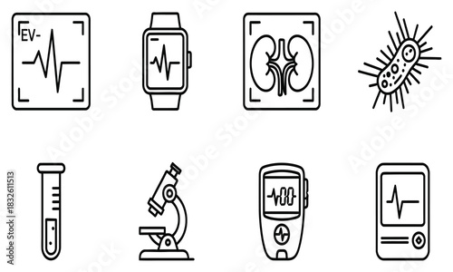 Healthcare Icons Medical Devices, Biology, and Diagnosis Line Art