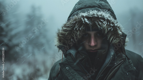 Young man standing in snowstorm, wearing a hooded jacket outdoors  