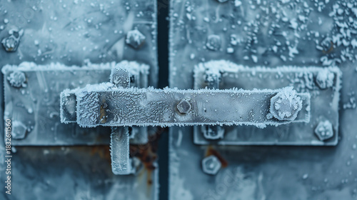 Frozen metal latch with frost on industrial door close-up  