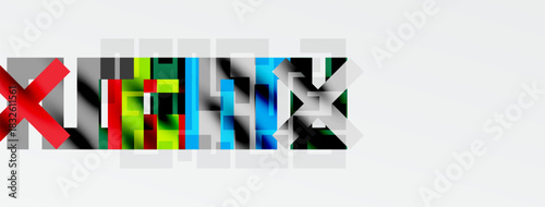 Abstract colorful blocks form text. Letters appear fragmented, pixelated, vibrant. Minimalist design, white background dominates image.