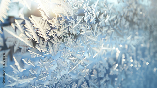 Frosty ice crystals forming intricate patterns on a windowpane  