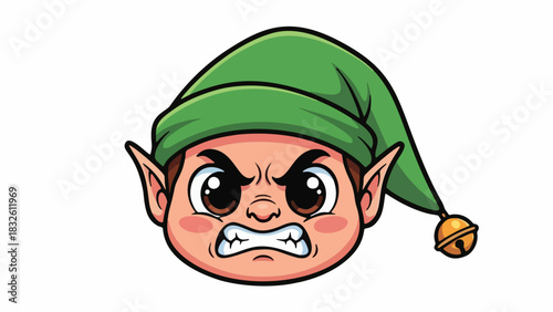 Cute elf head character expressing anger with clenched teeth and big eyes, still adorable in festive green hat. Bold outline cartoon vector for holiday humor graphics and children merchandise.