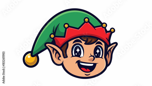 Vector illustration of a cute Christmas elf head character with big sparkling eyes, pointy ears, joyful smile, and green holiday hat. Bold thick outline cartoon style on white background.