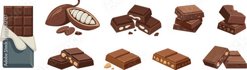 Isometric Illustration of Chocolate Variations Including Cocoa Pod, Nutty Bars, Filled Pieces, and White Chocolate Coating
