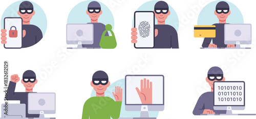 Isometric Illustration of Cybercrime Scenarios Including Identity Theft, Financial Fraud, Biometric Hacking, and Data Breach Activities