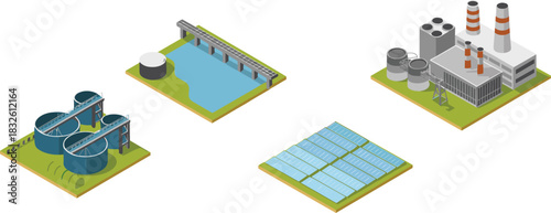Isometric Illustration of Diverse Energy Infrastructure Including Hydroelectric Dam, Solar Farm, Thermal Plant and Water Treatment Facility