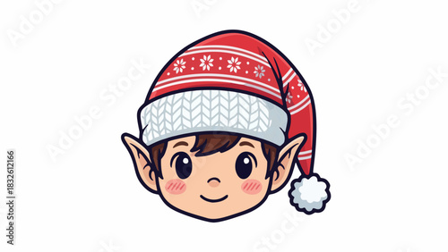 Cute shy elf face with blushing cheeks, small smile and knitted winter hat. Bold cartoon outline vector isolated on white, suitable for children’s books and holiday printable.