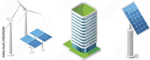 Isometric industrial facilities including solar plant, water treatment system, refinery structures, and factory building representing modern energy production 