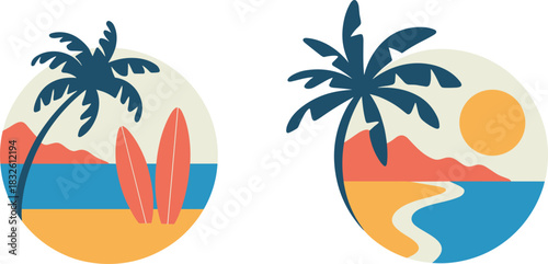 Minimalist tropical beach illustrations featuring palm trees, ocean waves, mountains, surfboards, and sunset scenery in retro travel-inspired circular design elements