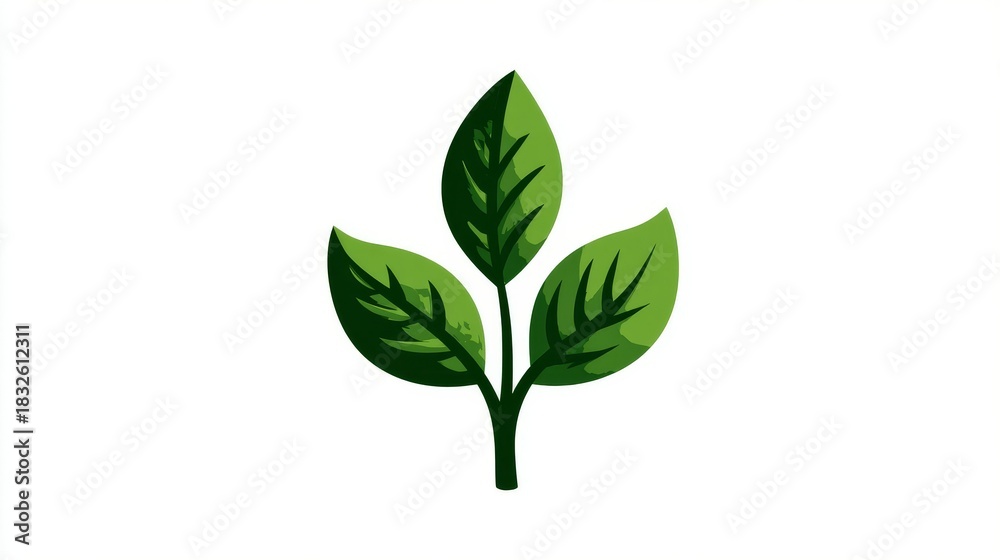 Fototapeta premium Stylized Green Plant with Three Veined Leaves on White Background, Minimalist Botanical Illustration Symbolizing Growth and Sustainability