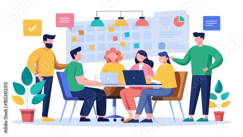 Diverse team collaborating in modern office with bright lighting and creative brainstorming notes