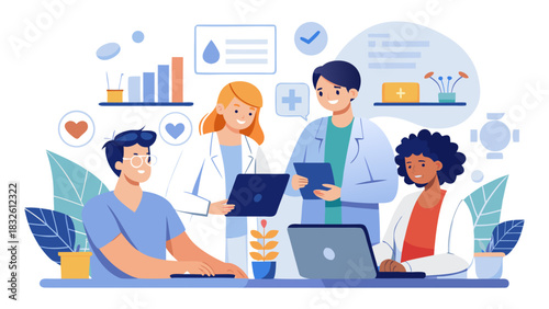 Diverse healthcare professionals collaborating in modern office with digital health icons and data analytics