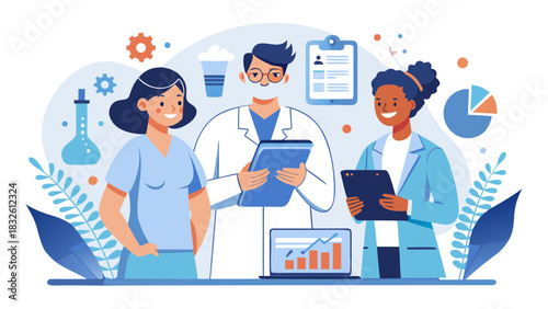 Diverse medical team analyzing data on tablet in modern clinic with digital health icons