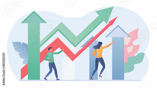 People climbing up arrows representing growth and success in a business environment vector illustration