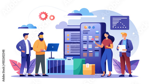 Diverse business team analyzing cloud data and logistics on digital dashboard in modern office