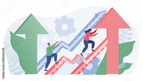 People climbing up arrows representing growth and success with gear icons in the background design