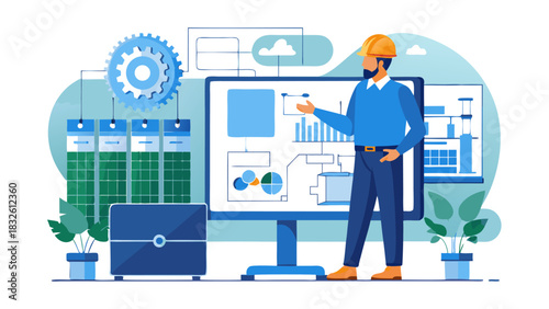 Professional engineer presenting industrial automation dashboard with AI and IoT technology in modern office