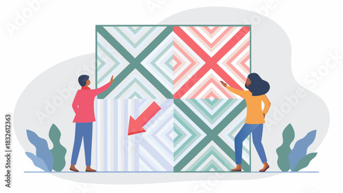 People interacting with color block pattern squares and a red arrow pointing downwards design element