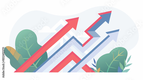 Illustration of upward trending arrows in red and blue with plant life on a light background design element