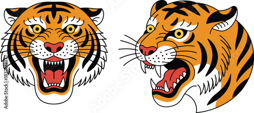 Traditional tattoo-style tiger heads illustrated with fierce expressions, bold lines, striking colors, and classic vintage art elements for design and decoration themes