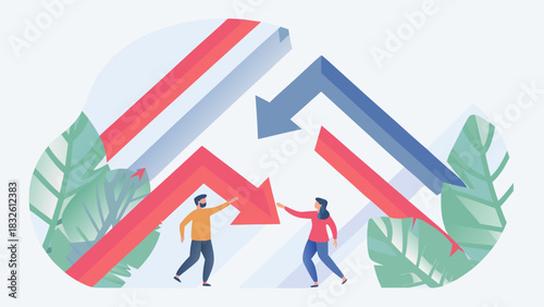 Two people interacting with downward pointing arrows in a stylized decorative background design scene