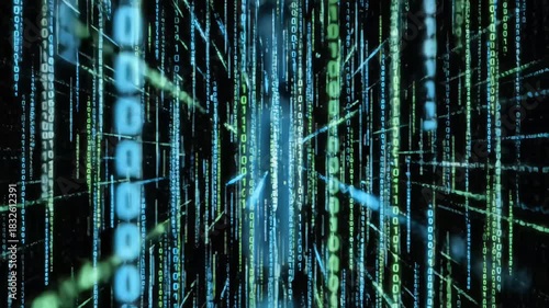 Falling digital code particles flowing like futuristic data rain, forming shimmering vertical streams across a tech-inspired background