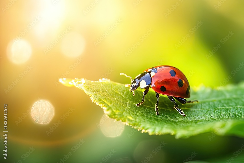 Naklejka premium A vibrant red ladybug with black spots is perched on a green leaf, basking in the warm sunlight.