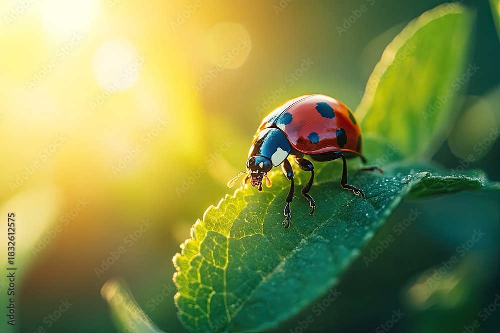 Naklejka premium A vibrant ladybug with a distinctive red and black shell, perched on a green leaf with its wings spread wide, basking in the warm sunlight.
