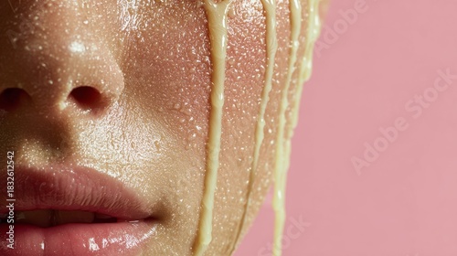Close-Up of Glossy Skin with Pink Liquid Dripping Down Cheek on Soft Background Representing Beauty, Skincare, and Artistic Expression