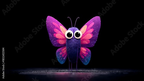 Cartoon-Style Butterfly Character with Vibrant Wings and Expressive Eyes on Dark Background Representing Whimsy and Creative Imagination