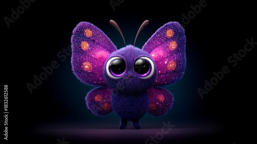 Cartoon-Style Butterfly Character with Vibrant Wings and Expressive Eyes on Dark Background Representing Whimsy and Creative Imagination