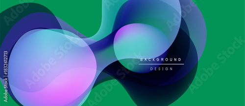 Abstract vibrant shapes overlap, creating dynamic visual effect. Green background enhances colorful design elements. Modern aesthetic.