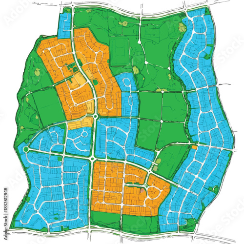 An architectural illustration showcases a detailed urban planning map, depicting residential zones, green spaces, and road networks for future development.