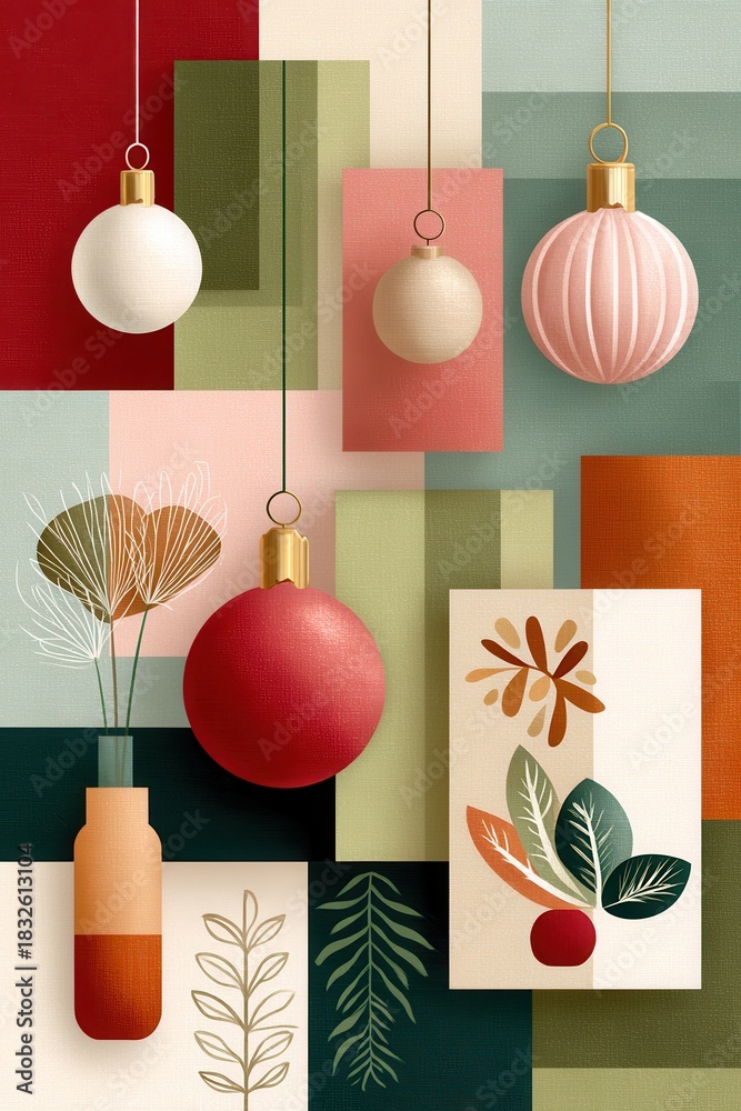 Obraz premium Decorative Christmas ornaments against a geometric collage background for festive home decor