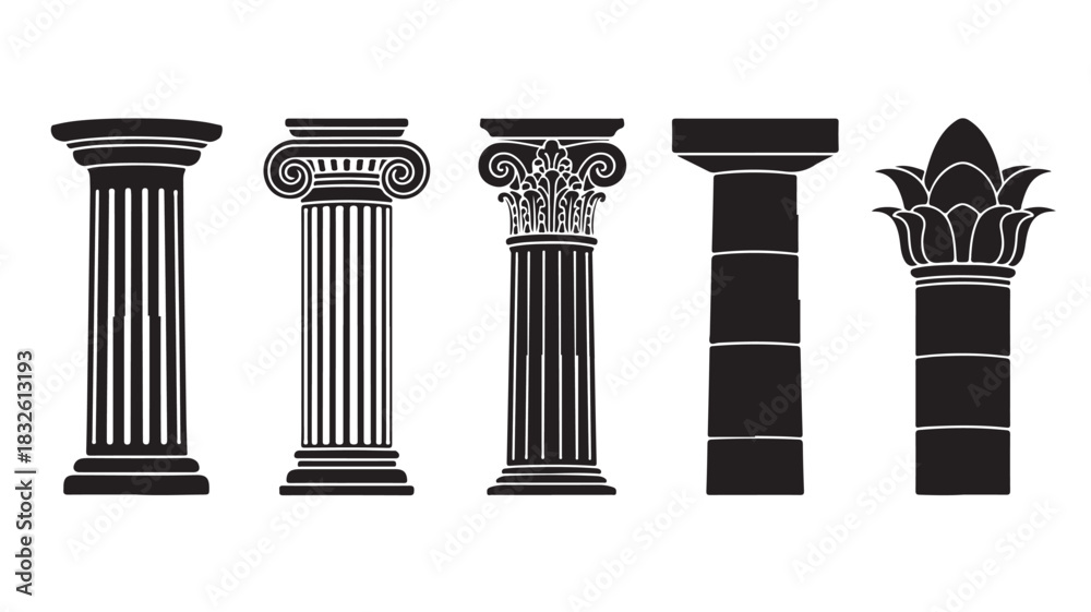 Obraz premium Set of architectural column icons classic building elements in black and white vector illustration isolated on white background