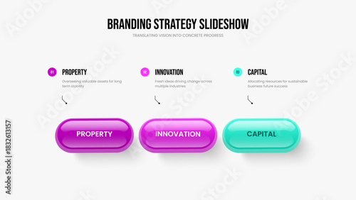 Project Analysis 3 Element Infographic Frame Layout. Company Performance Three Step Diagram Presentation Template. Professional Briefing Slide Design Vector Illustration.